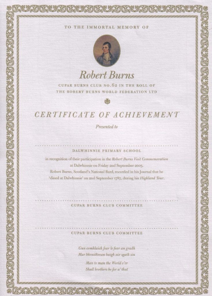 Burns Certificate given to Dalwhinnie schoolchildren
