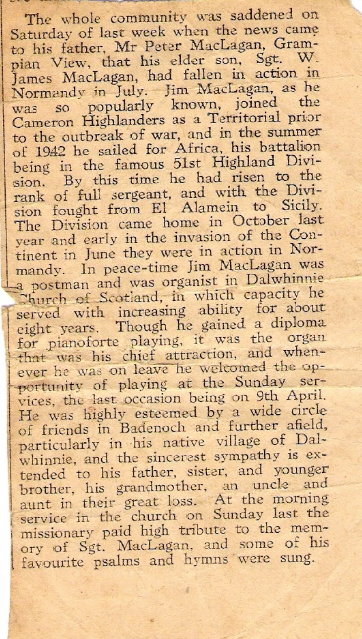 Newspaper tribute to Sgt William James McLagan